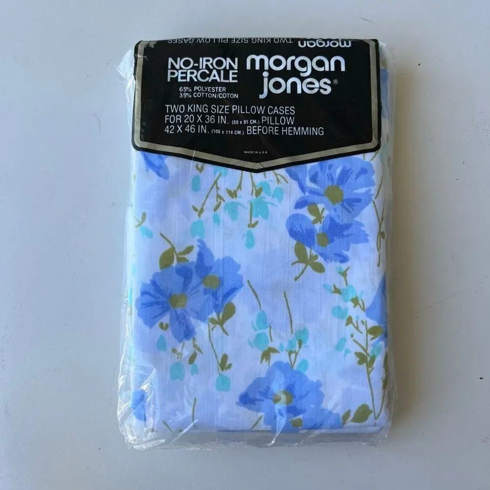 VTG Morgan Jones Blue Floral King Pillowcases NOS No-Iron Percale USA